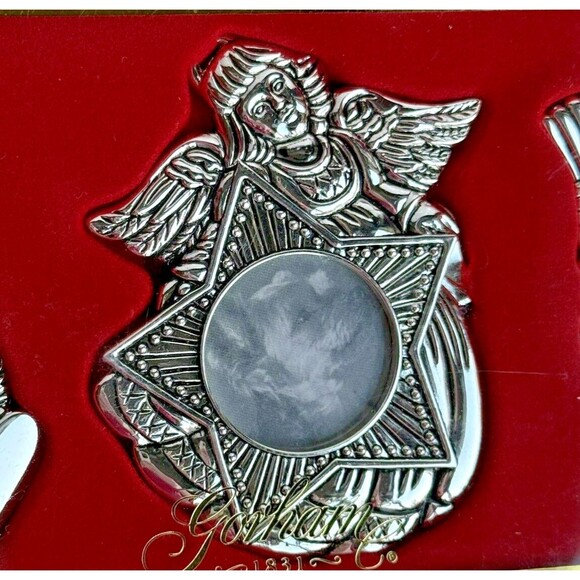 NEW Gorham Silver Plated Christmas Photo Frame Ornaments Red Ribbon Set of 3 - Picture 3 of 5